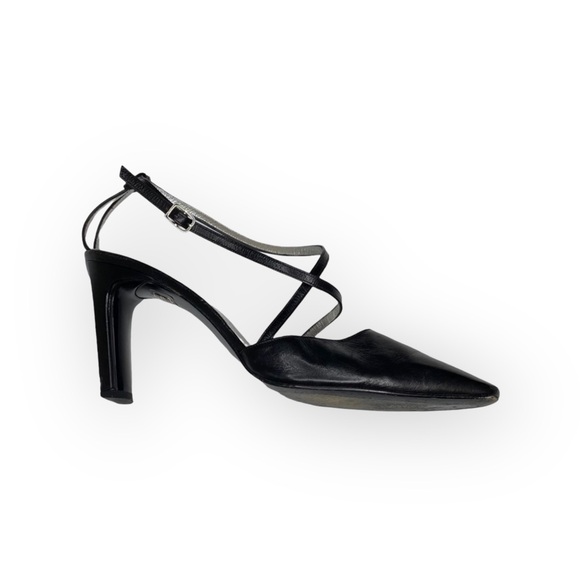 Vintage Luxe: Charles Jourdan  Retro Ankle Strap Heels Sandals  Black Leather - Picture 1 of 16